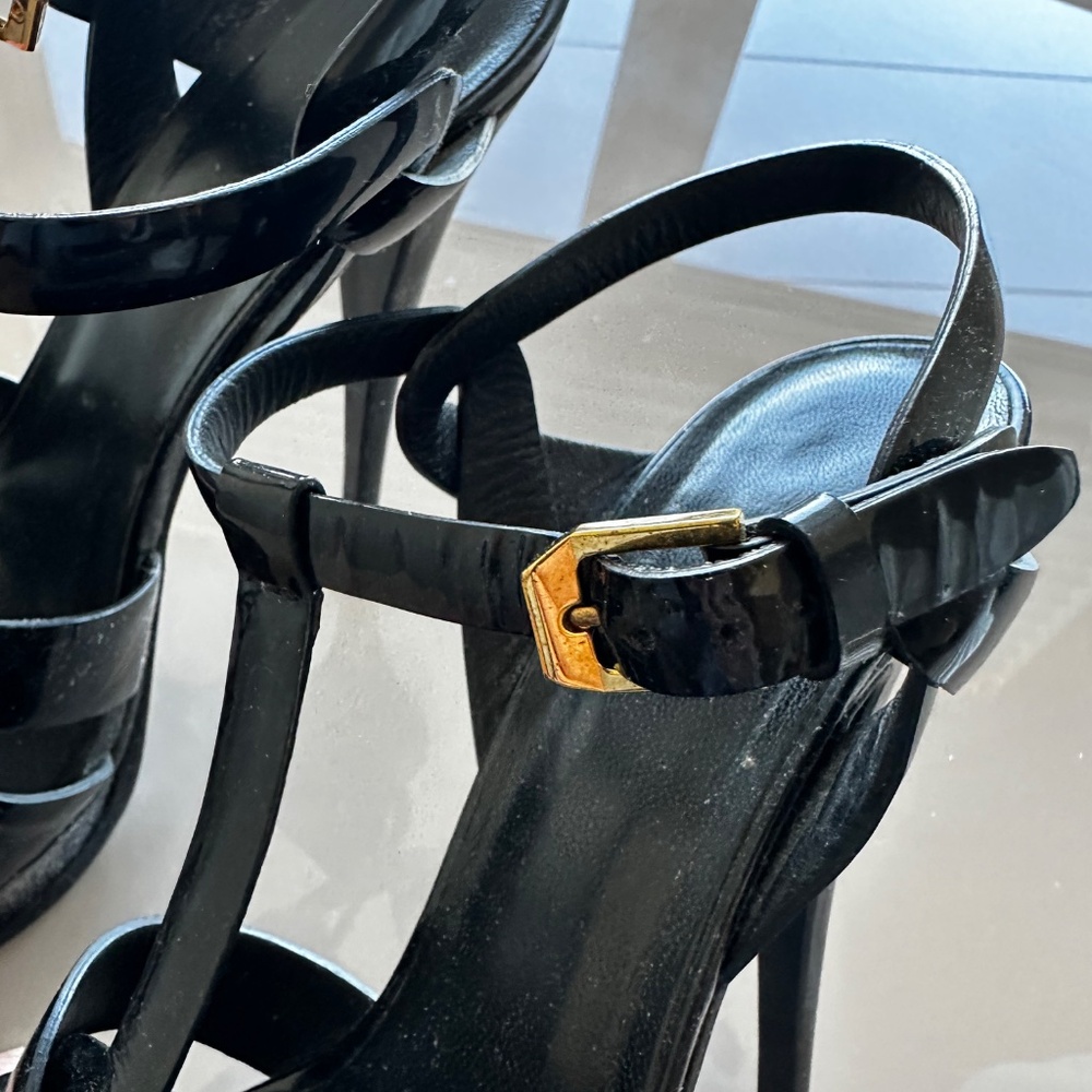 Saint Laurent YSL Tribute Black Patent Platform Sandals Heels Size 10.5 - Picture 5 of 7